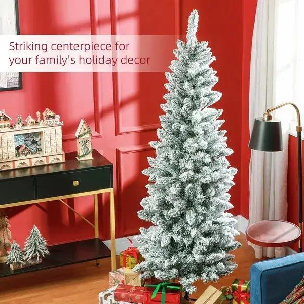 6ft Flocked Pencil Christmas Tree – Slim Snowy Tree with 479 Tips & Metal Base | Pink Coco Décor - pinkcoco