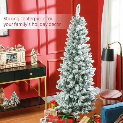 6ft Flocked Pencil Christmas Tree – Slim Snowy Tree with 479 Tips & Metal Base | Pink Coco Décor - pinkcoco