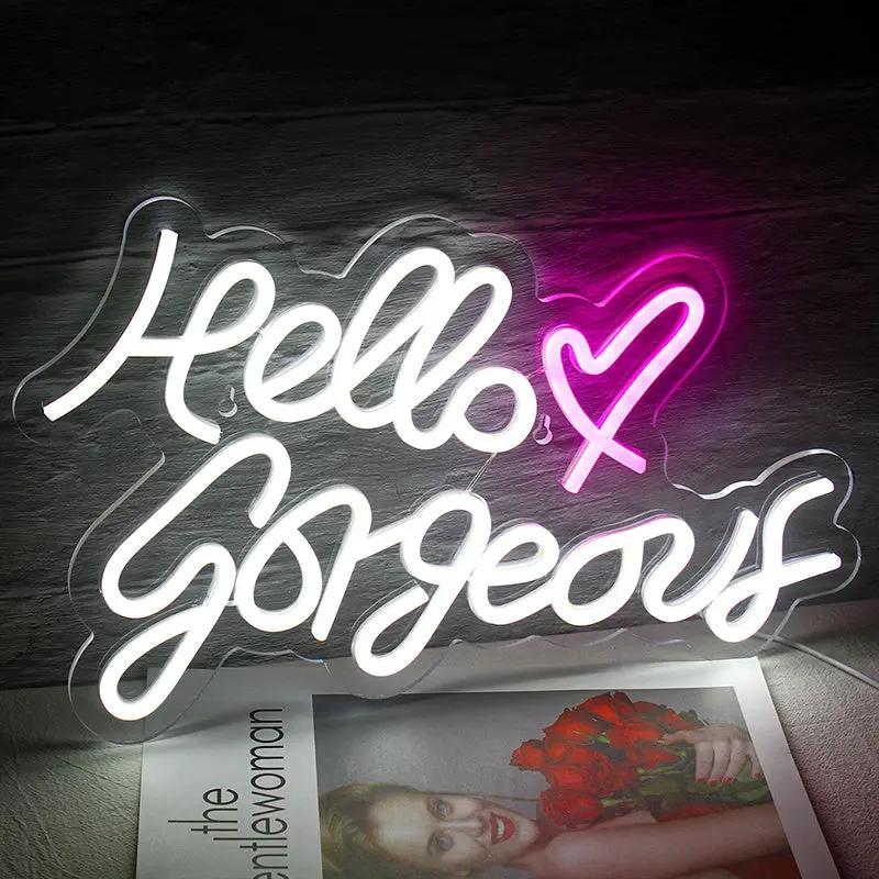 “Hello Gorgeous” Neon LED Light – Décoration Murale Rose PINK COCO