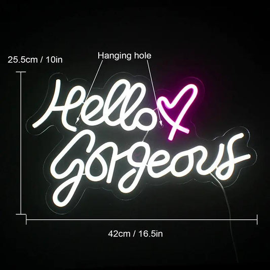 “Hello Gorgeous” Neon LED Light – Décoration Murale Rose PINK COCO