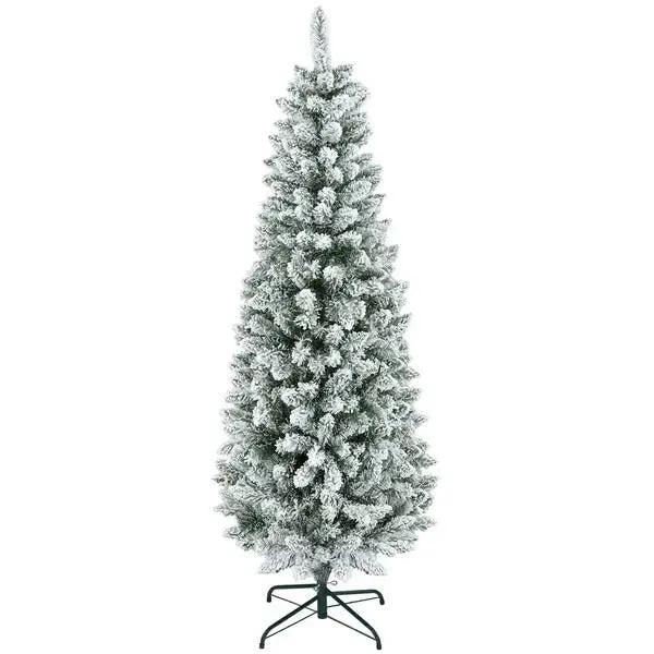 6ft Flocked Pencil Christmas Tree – Slim Snowy Tree with 479 Tips & Metal Base | Pink Coco Décor - pinkcoco
