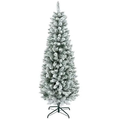 6ft Flocked Pencil Christmas Tree – Slim Snowy Tree with 479 Tips & Metal Base | Pink Coco Décor - pinkcoco