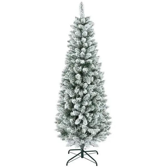 6ft Flocked Pencil Christmas Tree – Slim Snowy Tree with 479 Tips & Metal Base | Pink Coco Décor - pinkcoco
