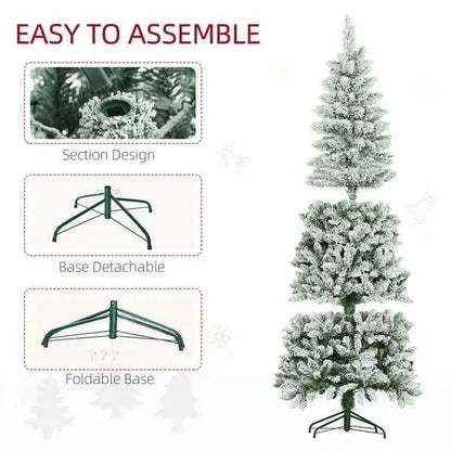 6ft Flocked Pencil Christmas Tree – Slim Snowy Tree with 479 Tips & Metal Base | Pink Coco Décor - pinkcoco