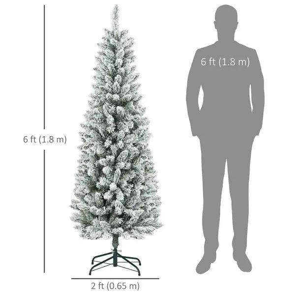 6ft Flocked Pencil Christmas Tree – Slim Snowy Tree with 479 Tips & Metal Base | Pink Coco Décor - pinkcoco